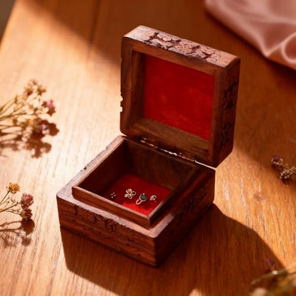 GURU JEE Wooden Hand Carved Keepsake Box Jewellery Armoire Chest Organiser Perfect Unique Gifts Ideas For Women - color: FLWD_4X4