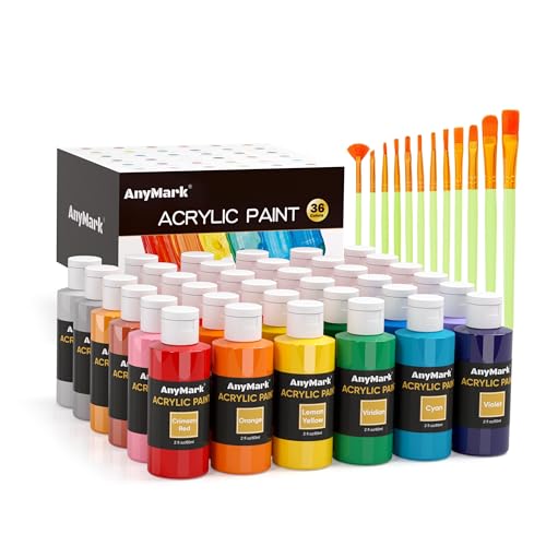 AnyMark Acrylic Paint Set, 36 Classic Colors with 12 Brushes, 2 fl oz/60ml Bottles, Art kit Painting Supplies for Adults Canvas, Rock, Wood - color: Classic, size: 2 Fl Oz (Pack of 36)
