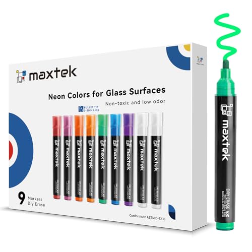 maxtek Neon Dry Erase Markers for Glass,Window Markers for Dry Erase Board,Chalkboard,LED Note Board,Acrylic Refrigerator Calendar,Bullet Tip,Low Odor,Assorted Colors,9 Count - style: 9 Neon Colors Bullet Tip