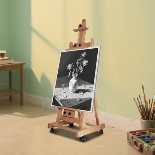 Wooden H-Frame Easel, 56" to 91" H Studio Easel with Large Storage Tray Adjustable Sturdy Beech Wood Desktop Art Easel, Portable Painting & Display Table with Large Storage Tray and Wheel,18.9*20.87in