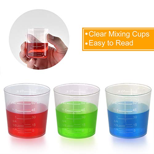 Coopay 50 Pack 60ml/2oz Plastic Graduated Cups Transparent Scale Clear Epoxy Mixing Cup with 100 Pack Wooden Stirring Sticks for Resin, Epoxy, Stain, Mixing Paint - size: 60ml