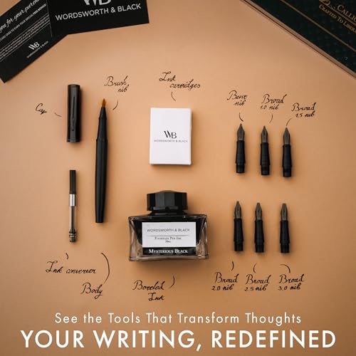 Wordsworth & Black Calligraphy Pen Gift Set, Includes Ink Bottle, 6 Ink Cartridges, A Refill Converter, 6 Replacement Nibs, Journaling, Smooth Writing Pens [All Black] - color: All Black