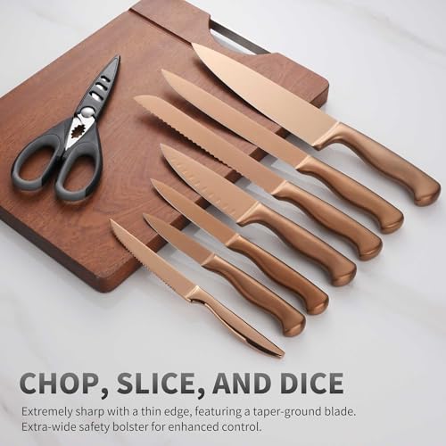 15-Piece Rose Gold Knife Block Set with Sharpener, Chef Professional Knife Set, Stainless Knife Set With Scissors, Steak Knives - color: Rose Gold