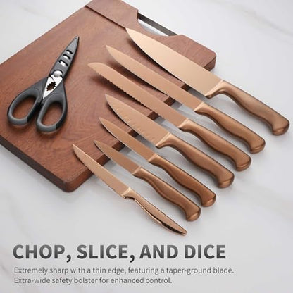 15-Piece Rose Gold Knife Block Set with Sharpener, Chef Professional Knife Set, Stainless Knife Set With Scissors, Steak Knives - color: Rose Gold