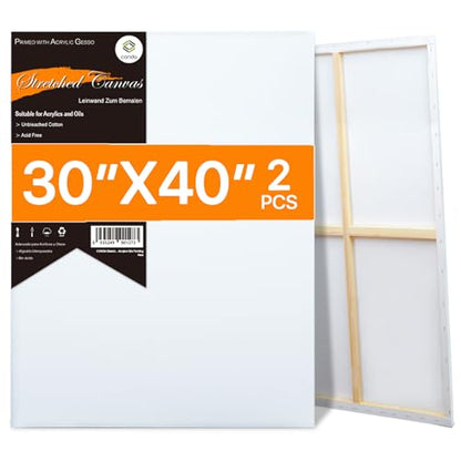 CONDA Large Stretched Canvas for Painting, 30x40 Inch 2 Pack Big Canvas, 100% Cotton, Primed Acid-Free, White Blank Stretched Canvas Boards Art Supplies for Acrylics, Oils Painting - size: 30"x40",2 Pack
