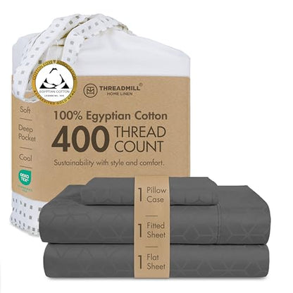 Threadmill Egyptian Cotton Twin XL Sheet Set | 100% Certified Egyptian Cotton Sheets for Twin XL Size Bed | Damask Jacquard Twin XL Bed Sheets Deep Pocket | Soft 3 Pc Cooling Sheet Set | Dark Grey - color: Dark Grey Cadence, size: Twin XL