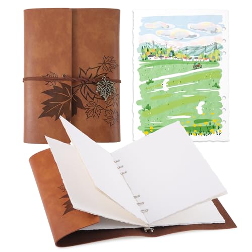 24 Sheets Watercolor Book with Khaki Leather Cover, 5.5x8.1inch Deckle Edge Water Color Paper, Cold Press Watercolor Journal, Mixed Media Sketchbook Easter Gifts for Adults Students Artists Beginners - color: Light Brown