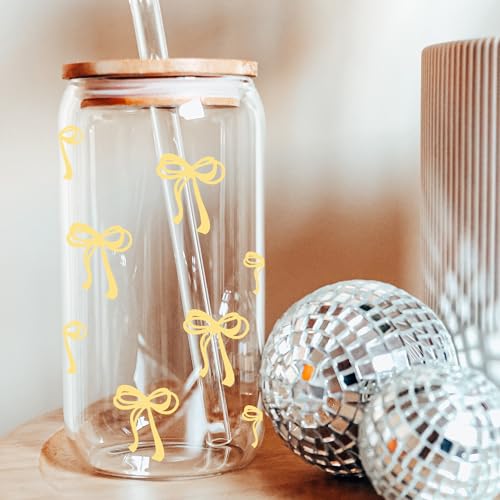 Coquette Cute Pastel Yellow Bow Summer Glass Cups with Lids and Straws, Aesthetic Iced Coffee Cup Girly Preppy Tumbler Mug, Christmas Valentines Birthday Gifts for Women, Teen Girl Gifts Trendy Stuff - color: 05-Bow-Pastel Yellow