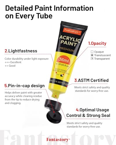Fantastory Acrylic Paint Set 24 Tubes × 36 ml; Excellent Coverage, High Light Fastness, Waterproof Acrylic Paint, with Additional White & Gold, for Canvas, Wood, Ceramics, Models, Artists - style: 24 Colors