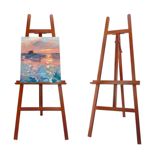 Large A-Frame Wooden Painting Display Walnut Easel, Large Adjustable Pine Wood Standing Easel Holding Canvas Up to 60'', Solid Wood for Display, Wedding Sign or Painting-Walnut - style: Walnut