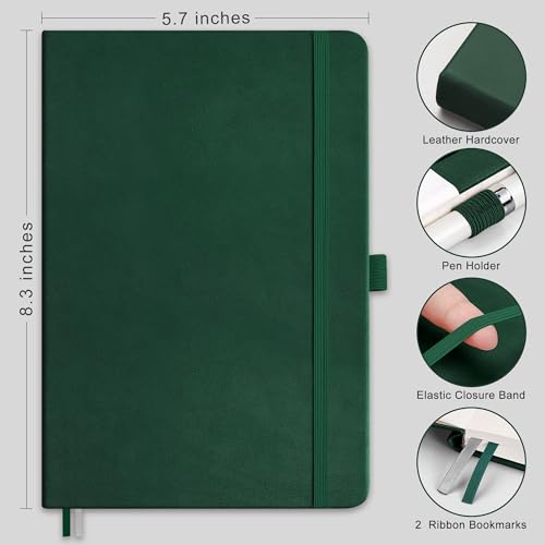AHGXG Dotted Journal Notebook, 160 Numbered Pages, A5 Medium Size (5.7'' x 8.3''), 120 GSM Thick Paper, Leather Hardcover, for Journaling, Planning, Tracking (Dark Green) - color: Dark Green, style: Dotted