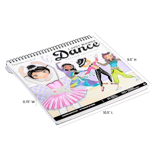 Fashion Angels I Just Wanna Dance Fashion Sketch Set, Create Dance-Themed Outfits with 35 Sketch Pages, 100+ Stickers & Stencils, Fun Craft Kit for Kids - color: I Just Wanna Dance