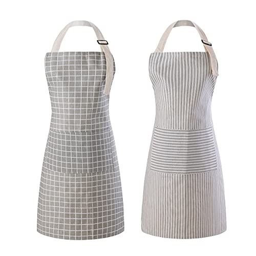 Tosewever 2 Pieces Kitchen Cooking Aprons, Waterproof Linen Adjustable Bib Aprons with 2 Pockets for Women Men Chef (Grey Stripes/Plaids, 2) - color: Grey Stripes/Plaids