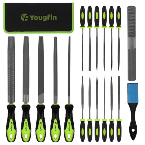 19 pcs File Set, Includes 5 pcs Large Steel Files, 12 pcs Jewelers File Set and Wire Brushes Ideal Hand File Tools for Woodwork, Metal, Model Applications - style: 19 Pieces