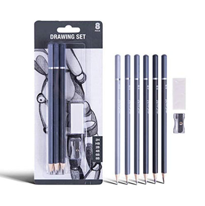 BXT 8pcs Wood Charcoal Pencil Set - Drawing Writing Pencil 8B 6B 4B 2B HB 2H, Art Eraser and Mini Manual Pencil Sharpener, Gift for Artist, Hobbyist,Beginner - color: 8pcs