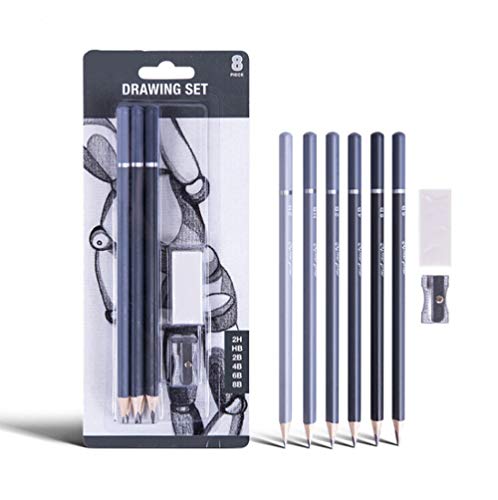 BXT 8pcs Wood Charcoal Pencil Set - Drawing Writing Pencil 8B 6B 4B 2B HB 2H, Art Eraser and Mini Manual Pencil Sharpener, Gift for Artist, Hobbyist,Beginner - color: 8pcs