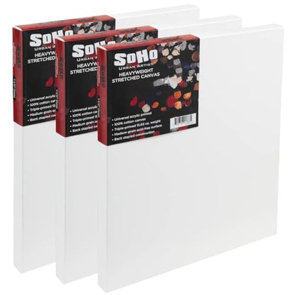 SoHo Urban Artist, 10x20 Heavyweight Stretched Cotton Canvas for Painting - 1.5" Deep- 3 Pack, Triple Primed, 100% Cotton Canvas, Archival, Universal Primed for Oil, Acrylic, Alkyd, Mixed Media - size: 10"x20"