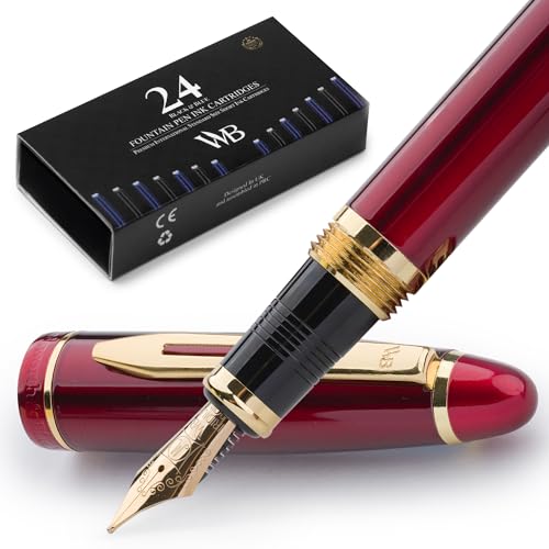 Wordsworth & Black Majesti Fountain Pen-(Red), Luxury Case, 24K Gold Finish; 18K Gilded Medium Nib- Ink Cartridges, Refillable Ink Converter-Calligraphy Pen-Best Business Gift Set for Men & Women | Red, Gift for Men Women, Gold Finish, 18K German Iridium,