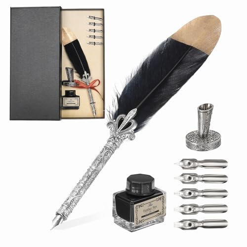 PATIKIL Feather Quill Pen Set, 1 Set Vintage Feather Calligraphy Pen Fountain Dip Pen Set with Ink, Pen Holder and Replacement Nibs for Beginner Writer Writing Gift, Black - color: Black