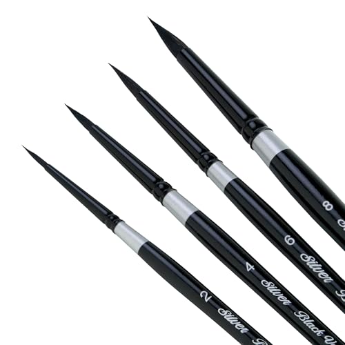 Silver Brush Limited BV-3055S Black Velvet Short Handle Medium Round Brushes, Mixed Filament with Very Soft Tips, 4pc Professional Artist Painting Bundle for Watercolors, Gouache, Dyes & Silk Painting - color: Medium Short Handle Rounds, size: 4 Pc