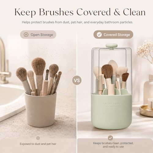 EACHY Makeup Brush Holder with Lid, Rotating Makeup Brush Organizer, Green | Dustproof Lid, 7 Compartments, Waterproof Plastic, Vanity Makeup Organizer for Brushes - color: Green