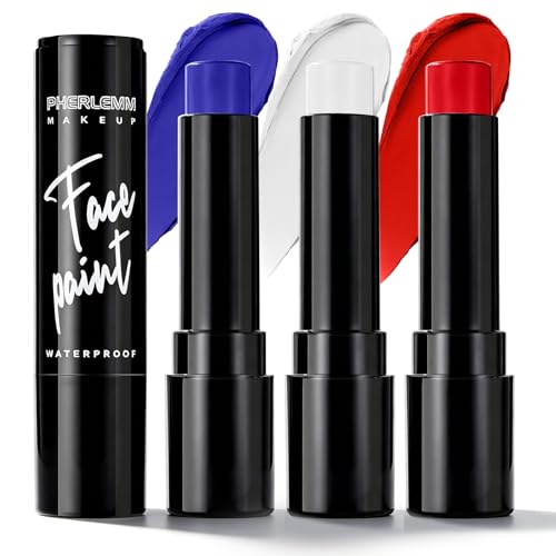 Patriotic Red Blue White Face Paint Sticks Waterproof Eye Black Independence Day Body Paint High Pigment for Independence Day Patriotic Festival Looks and Halloween SFX Makeup Cosplay - color: Red Blue White