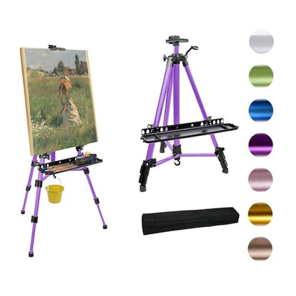 Easel for Painting, Portable & Foldable Easels Stand, Height-Adjustable 22'' to 62'', Equipped with Tray, Water Bucket Hook, Spirit Level, Compass & Carrying Bag for Art Display,Travel - Purple - style: Purple