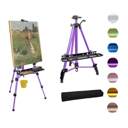 Easel for Painting, Portable & Foldable Easels Stand, Height-Adjustable 22'' to 62'', Equipped with Tray, Water Bucket Hook, Spirit Level, Compass & Carrying Bag for Art Display,Travel - Purple - style: Purple