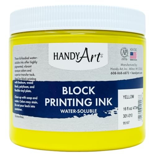 Handy Art Block Printing Ink, Yellow, 16 oz Jar, Water-Soluble | Highly Pigmented Vibrant Opaque Color with Superior Transfer Tack, Water Soluble, Certified Safe & AP Non-Toxic, Made in USA - color: Yellow, size: 16 Fl Oz