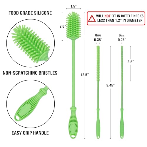 Kitchiny Silicone Bottle Brush with 2 Straw Cleaners - 12.5” Water Bottle Cleaner Brush for Yeti, Hydro Flask, Owala, Stanley, Baby Bottles, Glassware, Vases & Narrow Neck Containers - Green - color: Green