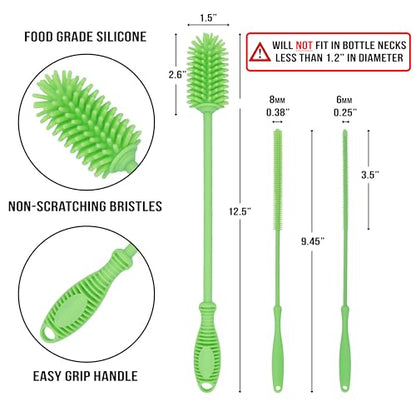 Kitchiny Silicone Bottle Brush with 2 Straw Cleaners - 12.5” Water Bottle Cleaner Brush for Yeti, Hydro Flask, Owala, Stanley, Baby Bottles, Glassware, Vases & Narrow Neck Containers - Green - color: Green