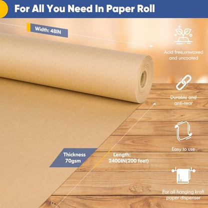 Vanhench 48"x 2400" (200') Brown Jumbo Roll Wrapping Paper, Kraft Craft Paper Roll for Bulletin Board Kids Arts Crafts Packing Shipping Poster Construction, Thanksgiving Christmas Wrapping Paper - color: Brown, size: 48" X 200'