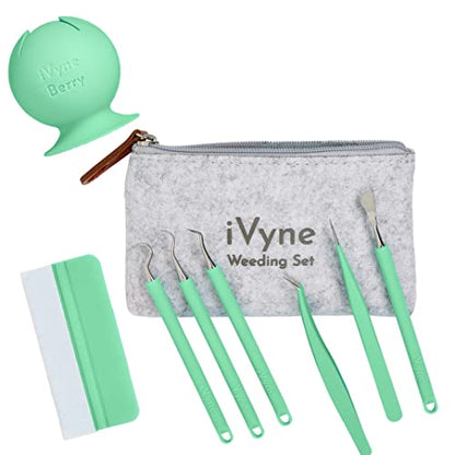 iVyne (8pcs) Premium Vinyl Weeding Tool Kit & Weeding Scrap Collector Soft Grip Tools with Berry, Weeder, Tweezers, Picker Or Hook, and Scraper Set for Scrapbooking & HTV - - color: Silicone Tools & Berry Green