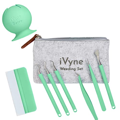 iVyne (8pcs) Premium Vinyl Weeding Tool Kit & Weeding Scrap Collector Soft Grip Tools with Berry, Weeder, Tweezers, Picker Or Hook, and Scraper Set for Scrapbooking & HTV - - color: Silicone Tools & Berry Green