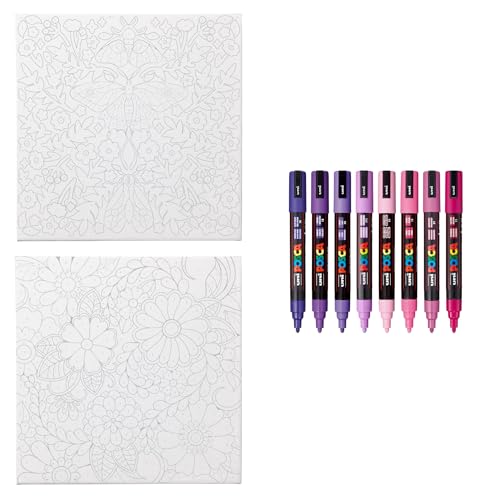 POSCA Canvas Paint by Number Kit, Lilac Dream - 8 Acrylic Markers with 2 Pre-Drawn Canvases - Gift Set for Artists, Adults and Kids - color: Lilac Dream