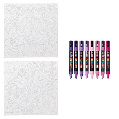 POSCA Canvas Paint by Number Kit, Lilac Dream - 8 Acrylic Markers with 2 Pre-Drawn Canvases - Gift Set for Artists, Adults and Kids - color: Lilac Dream