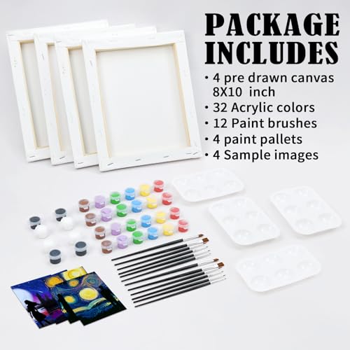 VOCHIC 4 Pack Sip and Paint Kit Pre Drawn Canvas Painting for Adults, Couples Date Night Games Painting Kit Valentine Christmas Room Decor Gift Party Supplies Favor(8x10) - size: 8x10, style: style 8