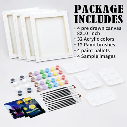 VOCHIC 4 Pack Sip and Paint Kit Pre Drawn Canvas Painting for Adults, Couples Date Night Games Painting Kit Valentine Christmas Room Decor Gift Party Supplies Favor(8x10) - size: 8x10, style: style 8