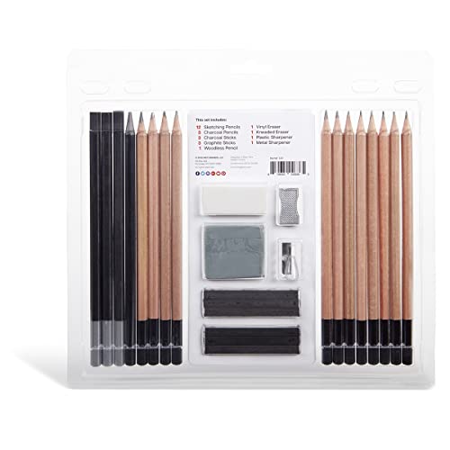 KINGART PRO Artist SKETCHING and DRAWING SET, 26 Pc. Pencils, Charcoal & Graphite Sticks, Erasers, Sharpeners, All Skill Levels, 26 pc.