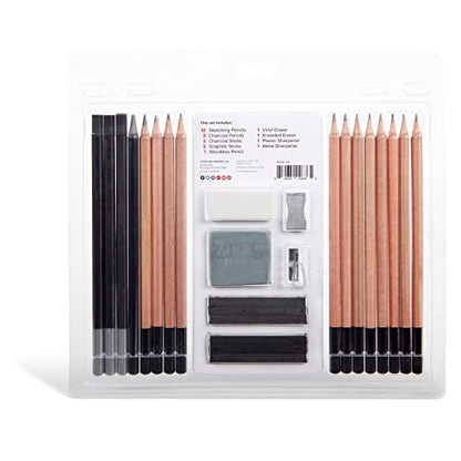 KINGART PRO Artist SKETCHING and DRAWING SET, 26 Pc. Pencils, Charcoal & Graphite Sticks, Erasers, Sharpeners, All Skill Levels, 26 pc.