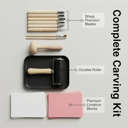 Lnncdsc Linocut Kit for Beginners & Adults – Complete Block Printing Supplies with Carving Tools, Brayer, 5 Pack 4×6 inch Linoleum Blocks for DIY Stamp Making, Home Art Projects, Classroom Crafts.