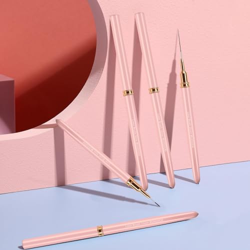 MUIIGOOD Nail Art Liner Brushes, 5Pcs Liner Brush For Nails, Painting Nail Art Brush Set Dotting Drawing Tool for Long Lines, Thin Details, UV Gel Polish Painting, Fine Drawing 7/9/11/15/25mm(Pink) - color: Pink