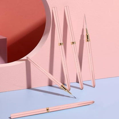 MUIIGOOD Nail Art Liner Brushes, 5Pcs Liner Brush For Nails, Painting Nail Art Brush Set Dotting Drawing Tool for Long Lines, Thin Details, UV Gel Polish Painting, Fine Drawing 7/9/11/15/25mm(Pink) - color: Pink