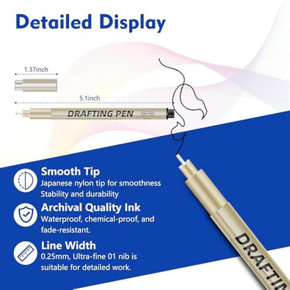 6-Pack Technical Drafting Pen Set, 6 Sizes Ultra-Fine Fiber Tip Pens with Pigment Ink, No Leak No Skip Drawing Pens for Drafting, Comic Design, Sketching & Architectural Art
