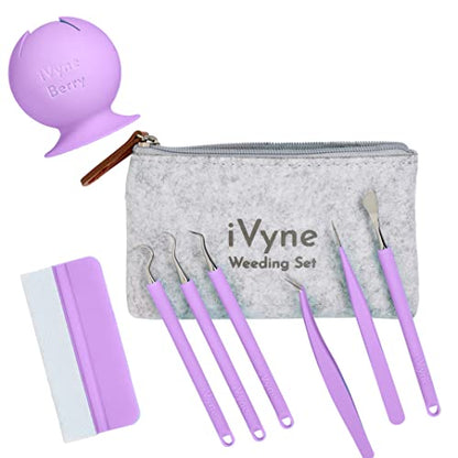 iVyne (8pcs) Premium Vinyl Weeding Tool Kit & Weeding Scrap Collector Soft Grip Tools with Berry, Weeder, Tweezers, Picker Or Hook, and Scraper Set for Silhouette Cameos & HTV - Purple - color: Silicone Tools & Berry Purple