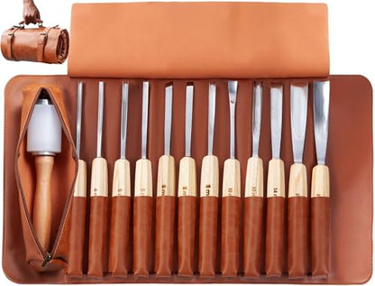 Wood Carving Tools, Wood Carving Kit of 12 Chisels, 1 Nylon Hammer & Leather Bag, CR-V Wood Chisel Set Whittling Kinves Kit, Carving Knife Set for Beginners, Carpenters