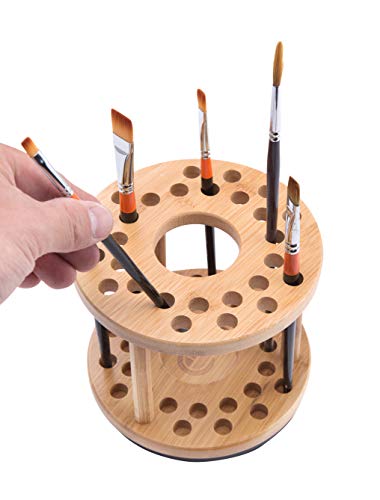 JackCubeDesign 360 Rotating Paint Brush Holder Bamboo Watercolor Artist Brush Water Coloring Organizer Display Stand Tray Rack with 27 Holes and 1 Big Hole – MK441A
