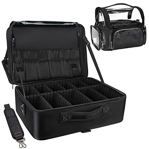 Relavel Extra Large Makeup Case and Makeup Brush Holder Bag, Professional Makeup Organizer, Large Capacity with Adjustable Dividers and Shoulder Strap (Black) - color: Black with Clear Makeup Case, size: Extra Large
