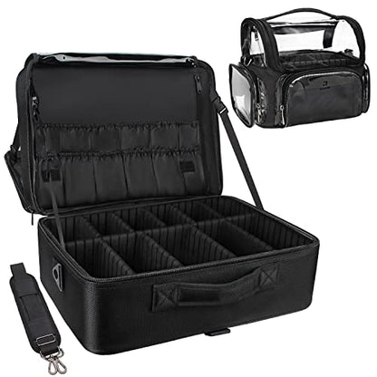 Relavel Extra Large Makeup Case and Makeup Brush Holder Bag, Professional Makeup Organizer, Large Capacity with Adjustable Dividers and Shoulder Strap (Black) - color: Black with Clear Makeup Case, size: Extra Large