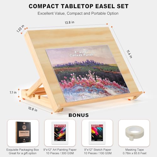 13.8"x11.4" Wooden Tabletop Easel with Paint & Sketch Papers, Masking Tape | Adjustable Art Easel Stand with 3 Angle Settings, Drawing Board for Canvas Painting, Sketching and Book, Tablet Display